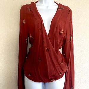 Mossimo Orange Floral Faux Wrap Surplice Blouse